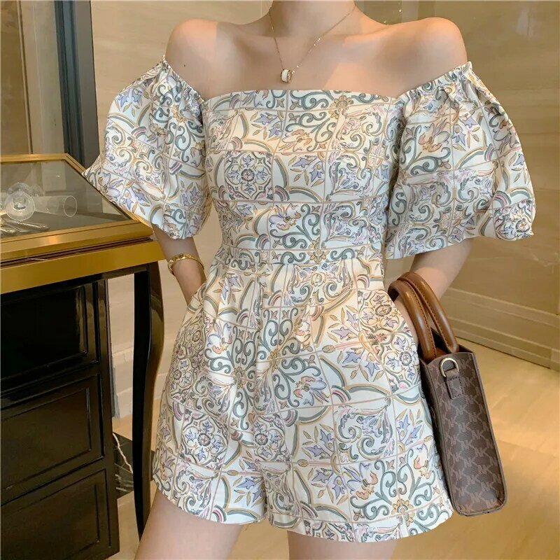 Vintage Square Neck Pocket Jumpsuits Wide Legged Shorts Playsuits Women 2021 Sexy Floral Printed Casual Loose Beach Boho Romper