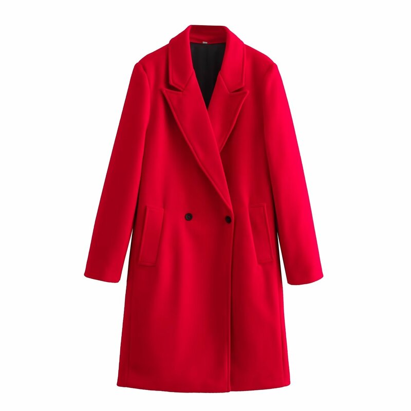 Damska nowa modna czerwona w dłuższym stylu dwurzędowa wełniana kurtka Vintage z długim rękawem boczne kieszenie damska odzież wierzchnia elegancka koszulka