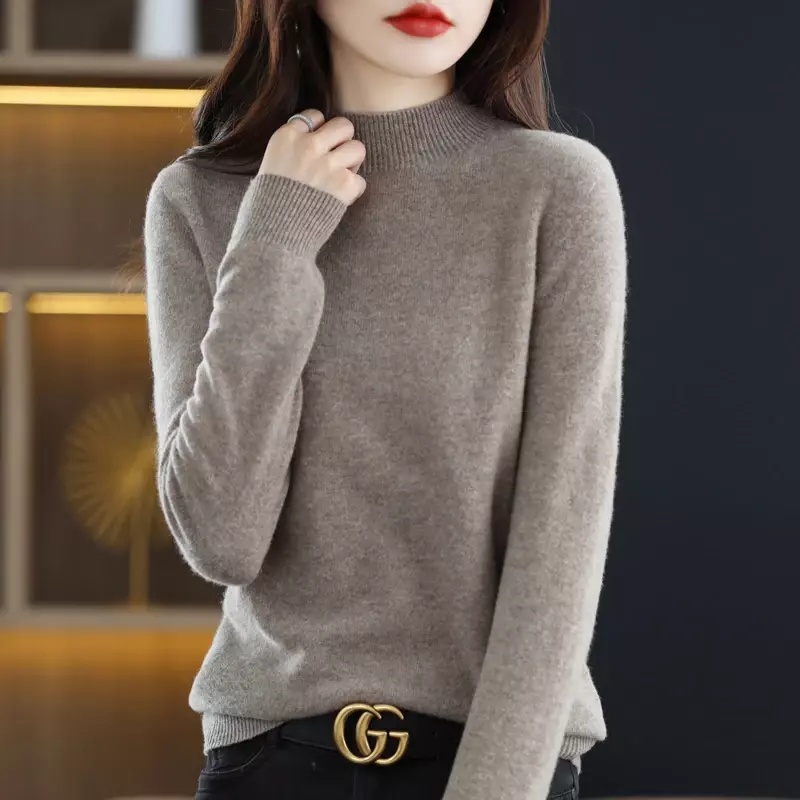 100% Wolle Frauen neue Herbst Winter Pullover Kaschmir halbhohen Kragen Pullover wilde reine Farbe lässige Mode Langarm Tops