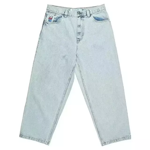 Streetwear de skate feminino, bordado do menino grande, calça jeans azul larga, padrão Y2K, casais retrô, hip hop, calças de basquete, roupas