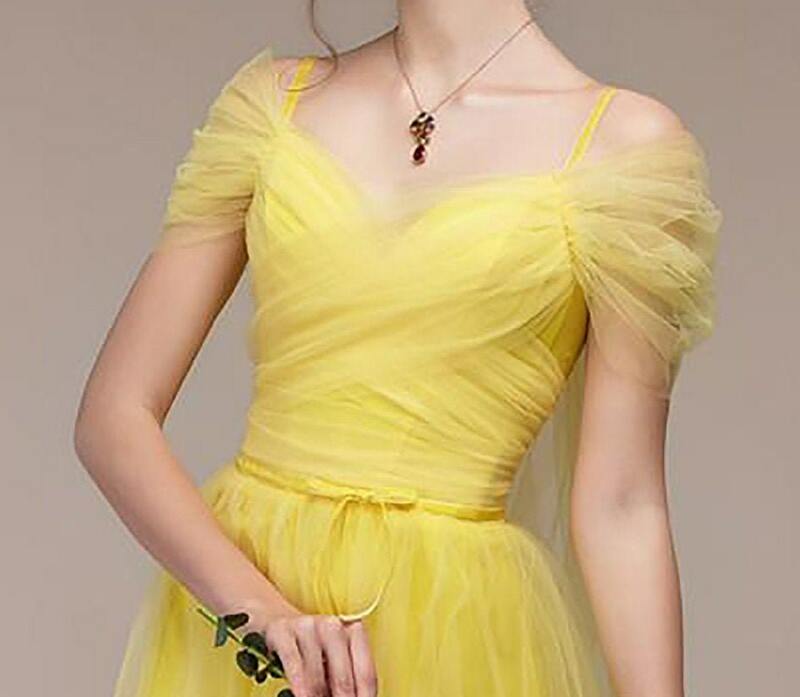 Vestido amarillo de gasa para dama de Honor, vestido de dama de Honor con hombros descubiertos, manga larga, cuello en V, tul