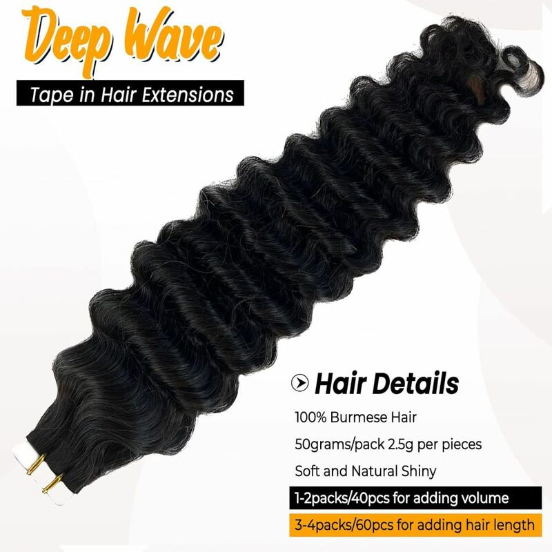 Deep Wave Tape In Extensions 100% Human Hair Deep Curly Tape on Hair Extensions Skin Weft Remy Natural Hair Extensions #1B