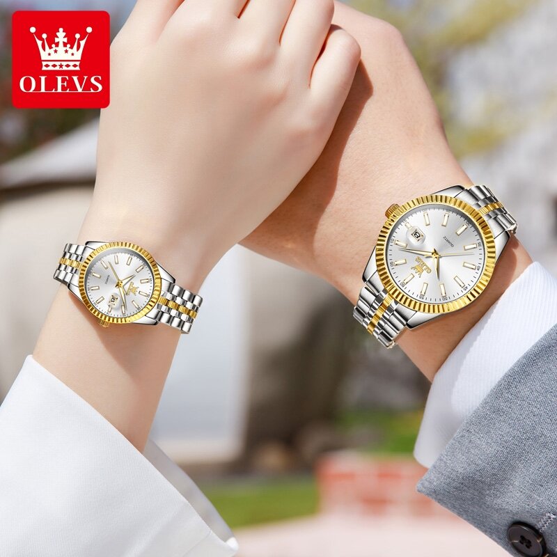 OLEVS-Relógio de pulso impermeável em aço inoxidável, marca luxo, casal, amantes, mulheres e homens, calendário, moda