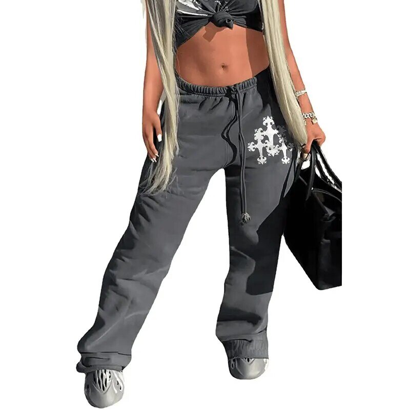 Calça feminina de streetwear, roupa Y2K Hip Hop, bolsos de cintura alta, moletom de jogger esportivo, calça casual solta feminina
