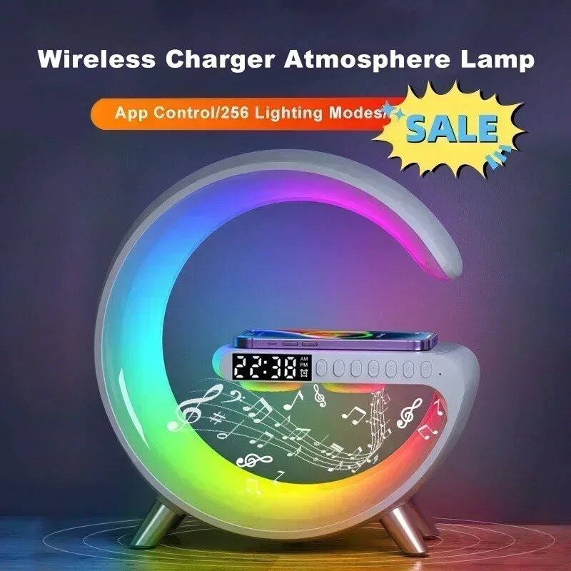 Новинка 2024, умная лампа в форме G, Bluetooth-динамик, беспроводное зарядное устройство, атмосферная лампа с часами, управление через приложение, украшение для дома
