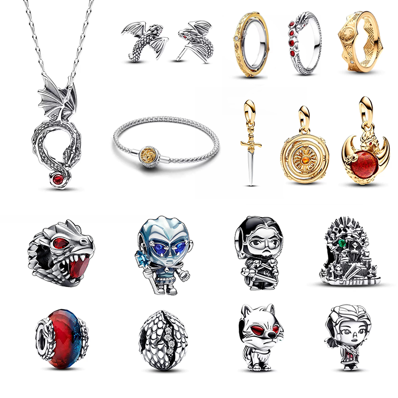 925 Silver Throne Dragon Ring Earrings Necklace Pendant Beads Suitable for Pandora Original Bracelet DIY Pendant Fine Jewelry