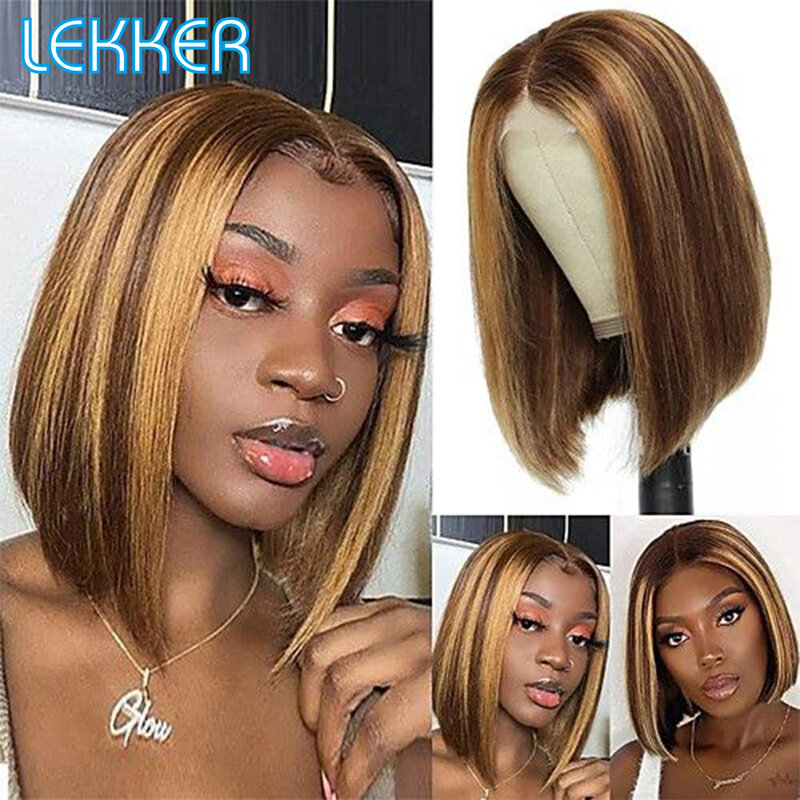 Lekker Highlight Короткий прямой парик Боб Т-образный парик из натуральных волос с кружевом для женщин Предварительно выщипанный прозрачный бразильский кружевной фронт 8-14 дюймов коричневый 13x6x1 фортепианный цвет ср