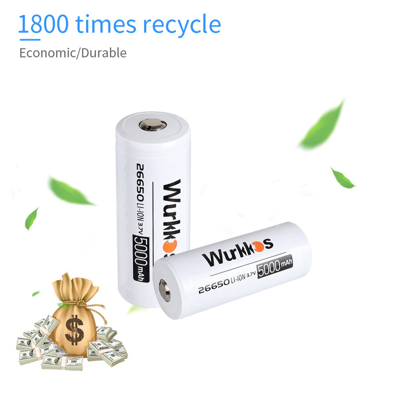 Wurkkos 3.7V 26650 5000mAh ion Battery Pointed  3C High Capacity Discharge Li-ion Batteries Flashlight(Zoom）as a gift