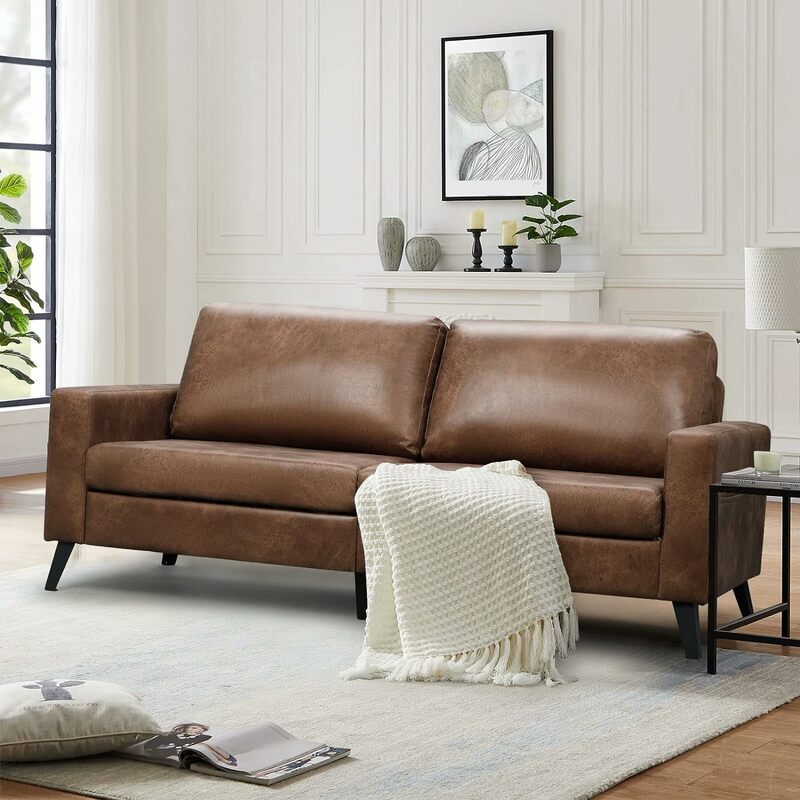 居間用の小さな茶色の合成皮革ソファ、モダンなミッドセンチュリーソファ、79インチ幅