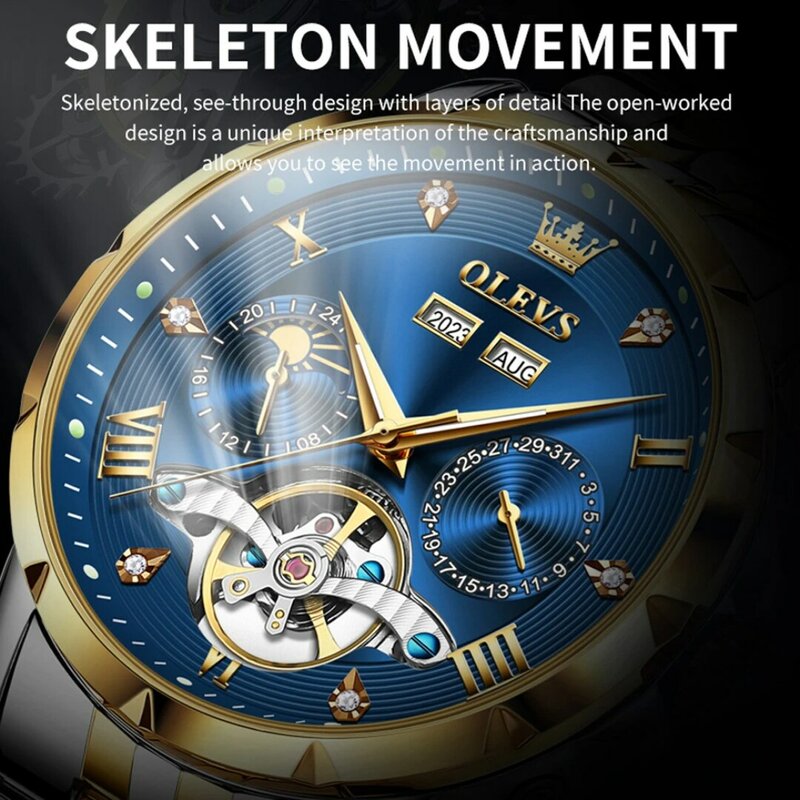 Olevsメカニカル腕時計ギフト、ステンレススチール時計バンド、ラウンドダイヤル、週表示、カレンダー、発光年、ファッション、6691
