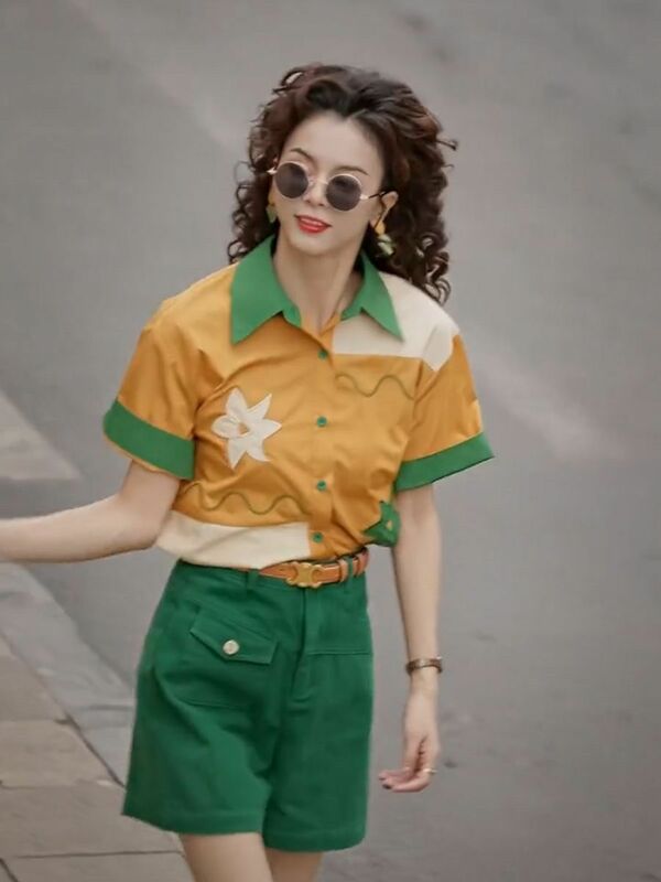 Women Seits Vintage Contrasting Colors  Mori Girl Office Lady Short Urn-Down Collar T-Shirt Short Pants 2 Piece Set Small Fresh