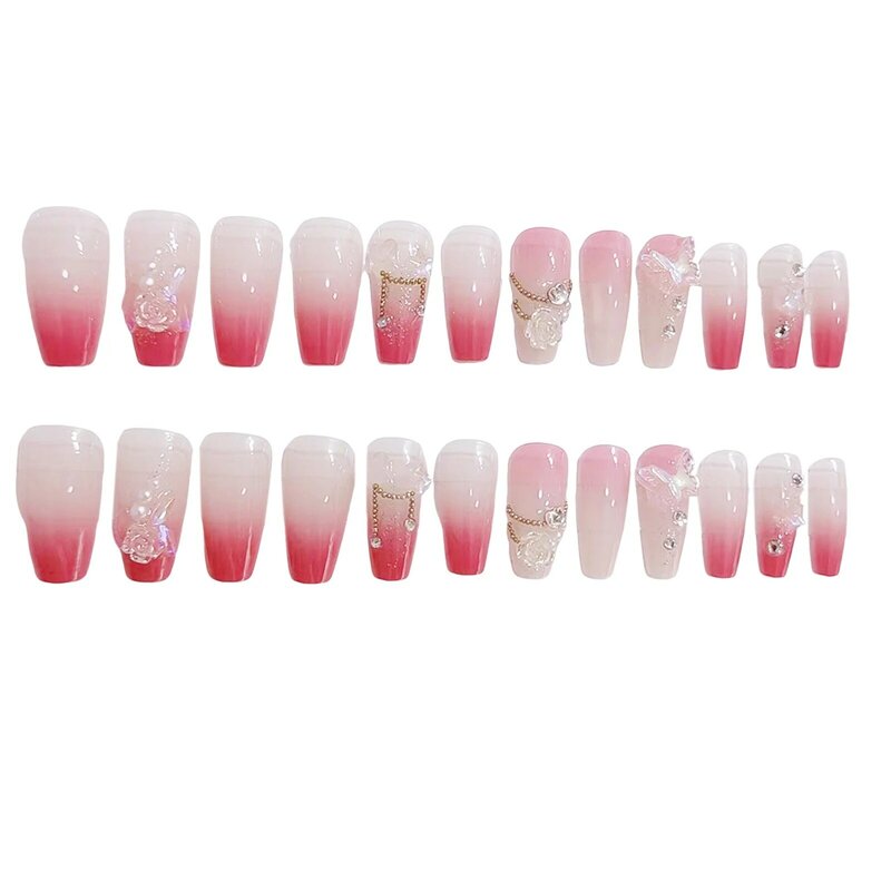3D 나비 장식 핑크 가짜 손톱, 오래 지속되는 안전한 소재, 여성 및 여아용 방수 가짜 손톱