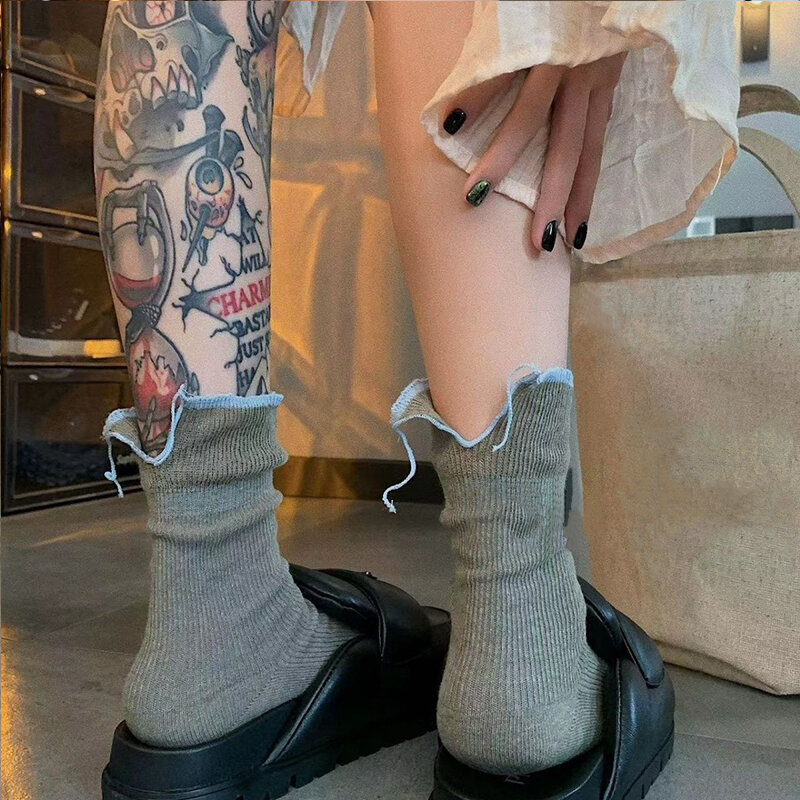 Wełniane skarpety dziewiarska Y2k Harajuku w jednolitym kolorze z tylnym rozcięciem stos skarpet luźna oddychająca marszczona koronkowa skarpeta Vintage designerska Streetwear