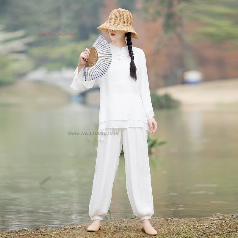 2024 traditionelle chinesische Vintage-Set atmungsaktive Baumwolle Leinen Tops Hosen Anzug Meditation Zen Anzug Yoga Outdoor Walking Sport Set