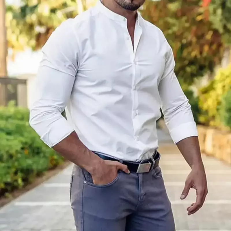 Мужская рубашка с воротником-стойкой, однотонный однобортный мягкий кардиган на пуговицах, деловой приталенный силуэт, осень 2019