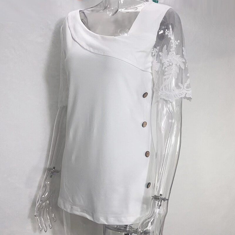 เสื้อลูกไม้แขนสั้นใส่สบายอเนกประสงค์สำหรับผู้หญิง, เสื้อลูกไม้แขนสั้นใส่2024เสื้อเบลาส์แฟชั่นสีขาวฤดูร้อน