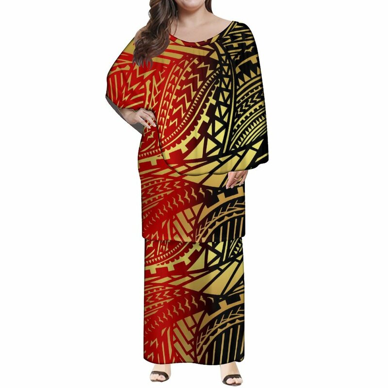Conjunto de dos piezas con estampado Tribal polinesiano para mujer, vestido largo personalizado de alta calidad con volantes grandes, Puletasi, samoana