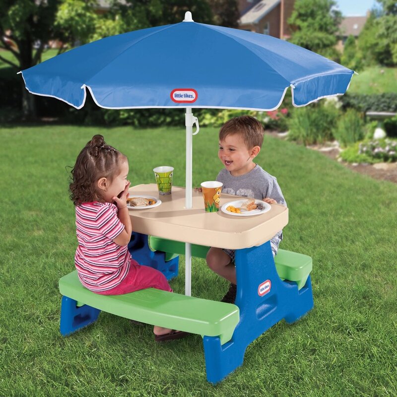 Easy Store Jr. Tavolo da Picnic con ombrellone, blu e verde-tavolo da gioco con ombrellone, per bambini