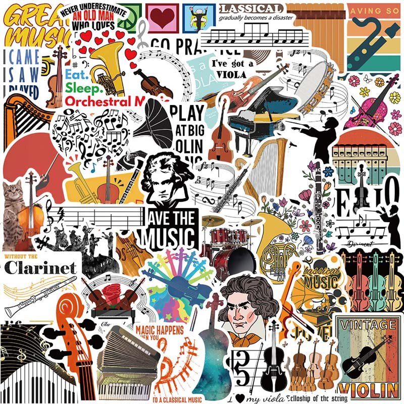 52Pcs Music Instrument Orchestra Pattern Graffiti Stickers Waterproof Logo Stickers for Motorcycle Cars Luggage