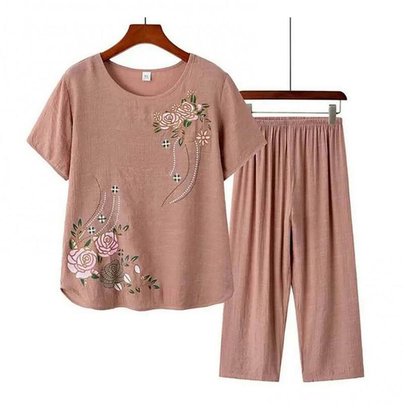 Women Short Sleeve T-shirt Top Pants Floral Print Loose Loungewear Home Outfit