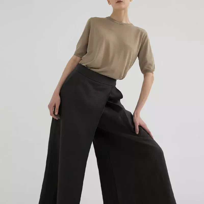 French New In Cotton Linen Cropped Wide-leg Pants 2024 Summer Casual Loose High-waist Streetwear Oversize Trouser Female Pants