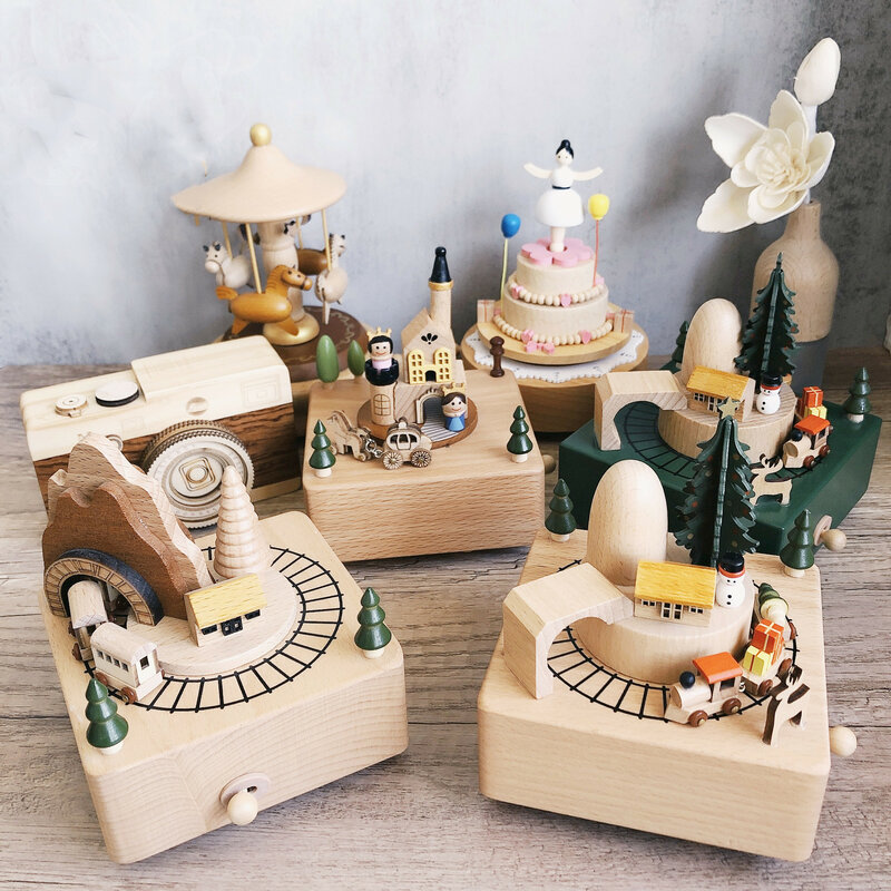 Handmade Wooden Music Box Creative Retro Spin Beech Diy Log Making Ornaments Collection Decoration Graduate Valentine's Day Gift