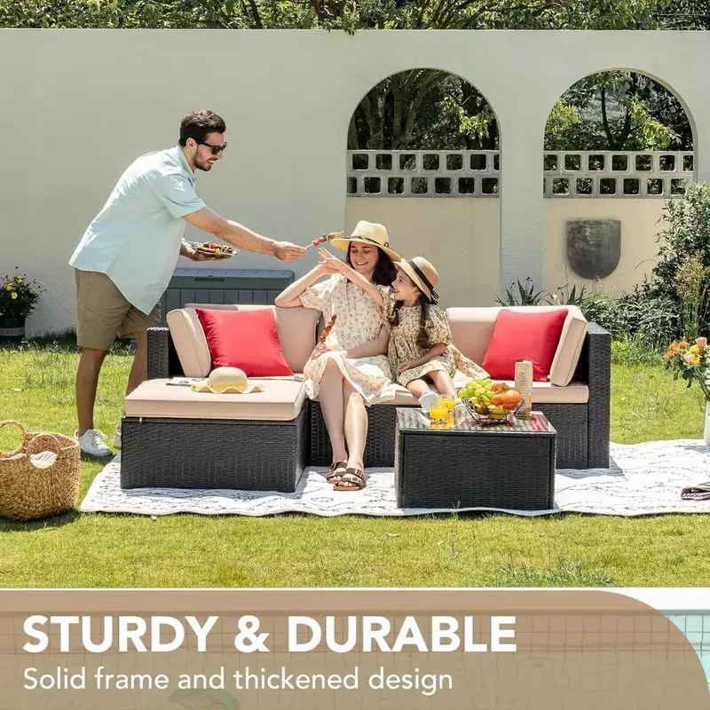 5 pezziset di mobili da giardino per tutte le stagioni divano componibile da esterno per esterni tessitura manuale in vimini Rattan Patio posti a sedere divani cuscino