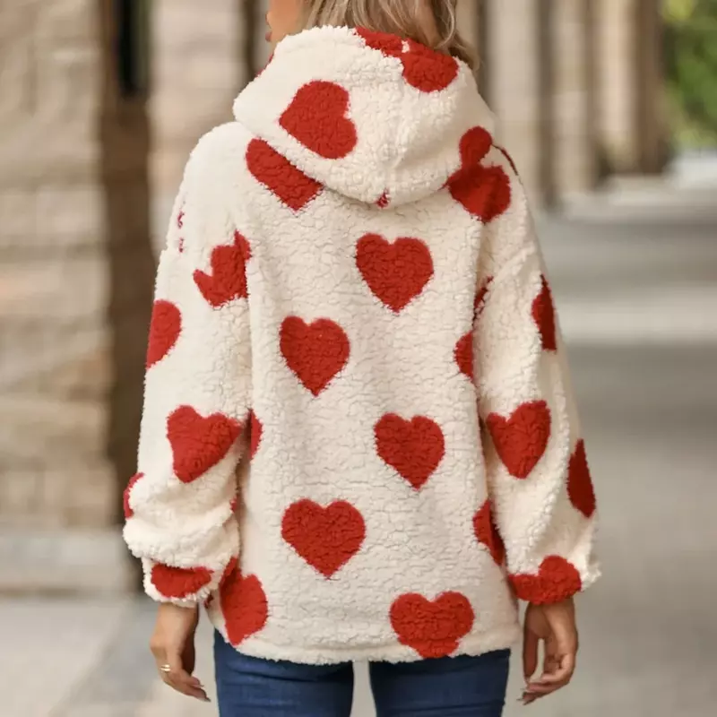 Mantel hangat bulu halus longgar untuk wanita, jaket musim dingin wanita motif cinta, mantel modis, jaket Pullover Hoodie untuk wanita 2023