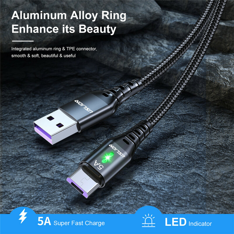 USLION 5A kabel Micro USB szybkie ładowanie telefon komórkowy Micro USB przewód zasilający dla Xiaomi Android LED oświetlenie USB ładowarka kabel danych