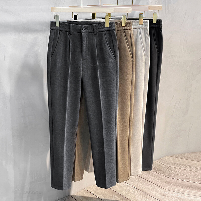 Jesienno-zimowe spodnie męskie gruba biznesowa elastyczna talia klasyczna szaro-brązowa wełniana prosta koreańska formalne spodnie męska 27-38