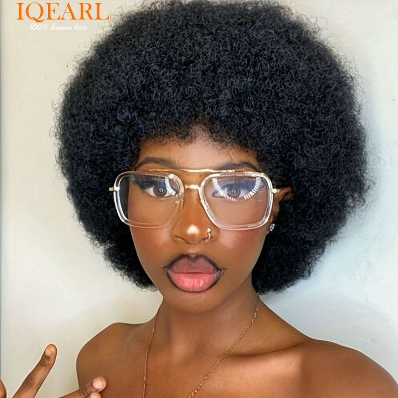 Peluca de cabello humano Afro rizado sin pegamento para mujeres negras, pelo corto y esponjoso, suave, Remy, 180% de densidad, encaje Frontal