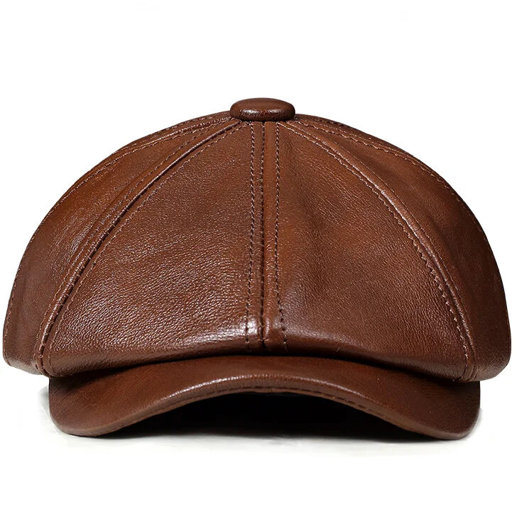 Retro ottagonale cappello genuino autunno berretto in pelle di vacchetta da uomo elegante moda studente lingua Cap Snapback Caps For Men