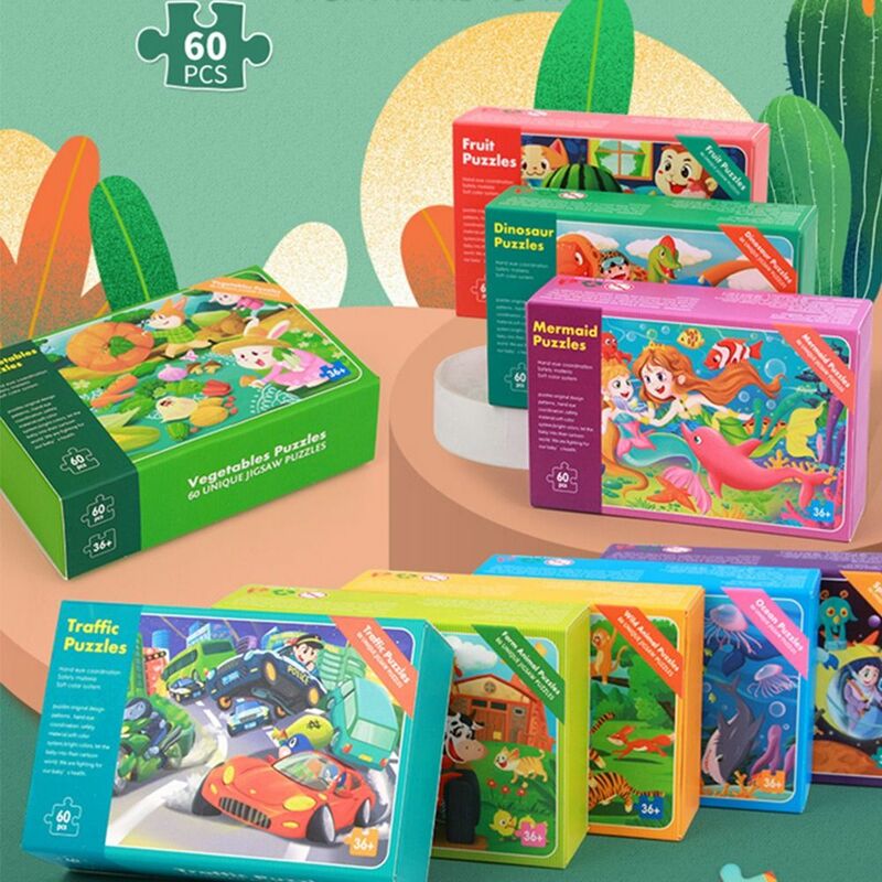 60Pcs/box Cartoon Animal Fruit Jigsaw Children Puzzles Toy Kids Educational Learning Cognition Toys Children Montessori Games