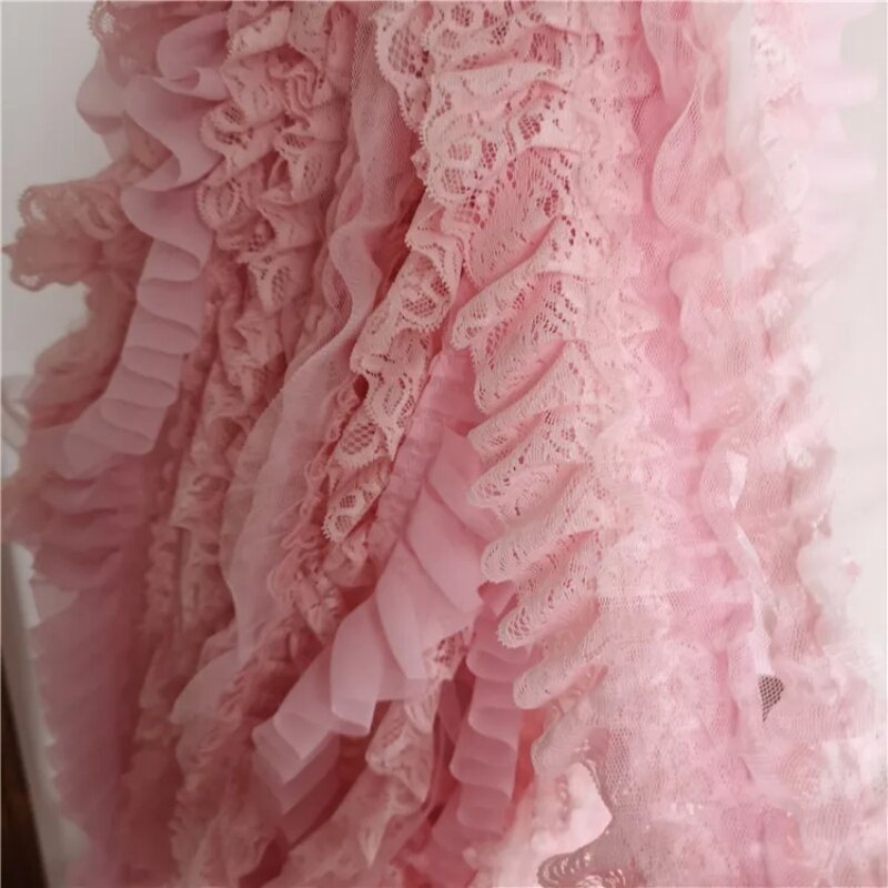 핫 핑크 3 레이어 pleated 쉬폰 아름다운 레이스 리본 패브릭 diy 수제 웨딩 드레스 스커트 옷 모자 인형 트림 만들기