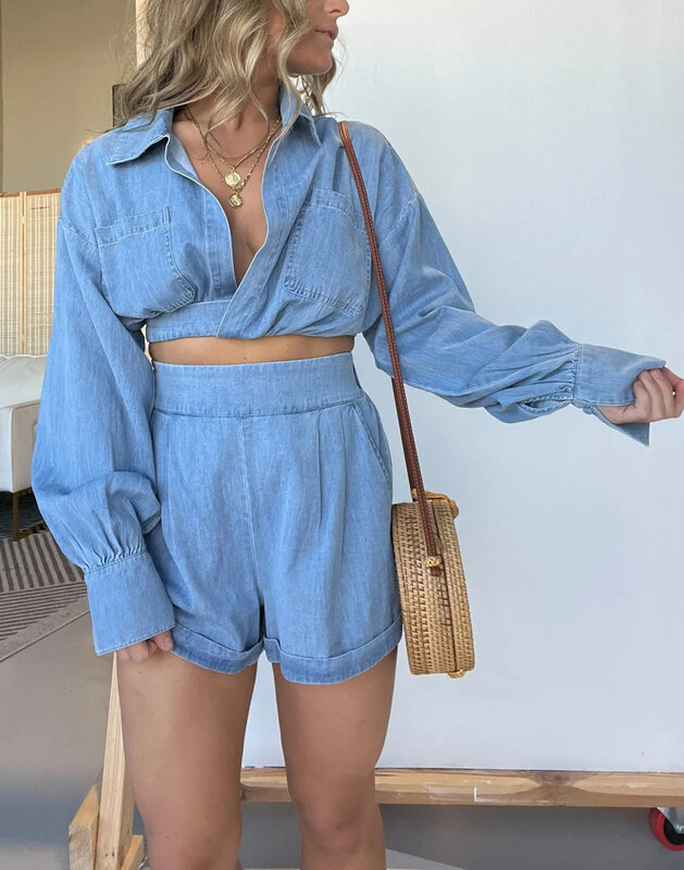 Summer Spring Two Piece Sets Womens Outifits Denim Shirt Short Tops and Sexy Shorts Tracksuit Casual Outfit Women Blouse Tops