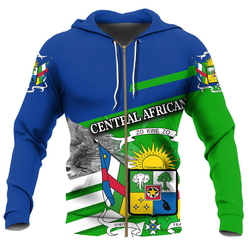 Sweats à capuche zippés College 3D de la République centrafricaine pour hommes, sweat-shirt avec emblème national, vêtements à la mode pour enfants, sweat à capuche pour garçon