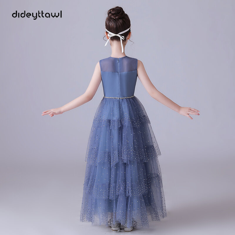 Dideyttawl Dusty Blue Beaded Sleeveless Pleated Tulle Flower Girl Dress A Line Floor Length Junior Bridesmaid Gown Princess