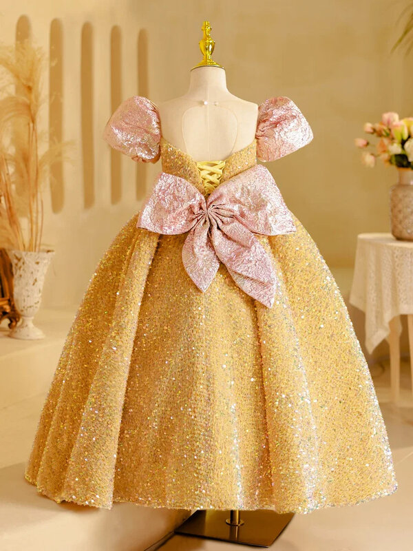 Gold Sequins Flower Girl Dress Backless Short Sleeve With Bow Princess Gorgeous Birthday Party Banquet First Communion Ball Gown