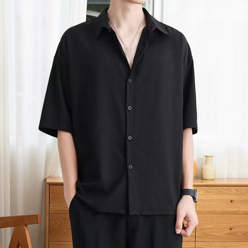 Camisa casual elegante masculina com gola virada para baixo, design de peito único, tecido macio e respirável, verão, quente