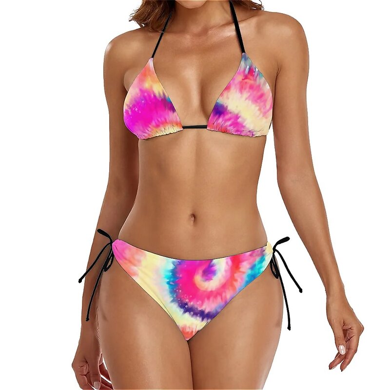 Conjunto de Bikini Multicolor para mujer, traje de baño de dos piezas con estampado de arcoíris, con realce y lazo lateral para surfear