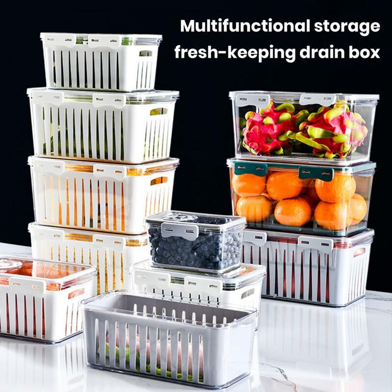 Kotak penyimpanan kulkas dapur kotak buah sayuran segar, keranjang pengering wadah penyimpanan dengan tutup kotak waktu