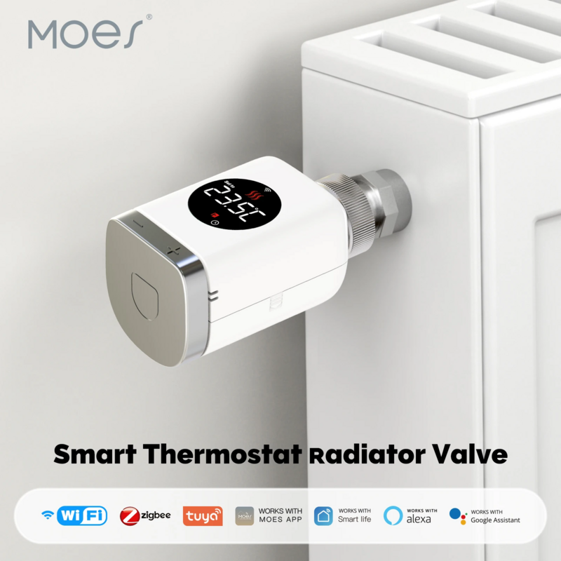 MOES ZigBee cerdas aktuator Radiator Wifi, kontroler suhu jarak jauh aplikasi katup termostatik dapat diprogram TRV untuk Alexa Google Home