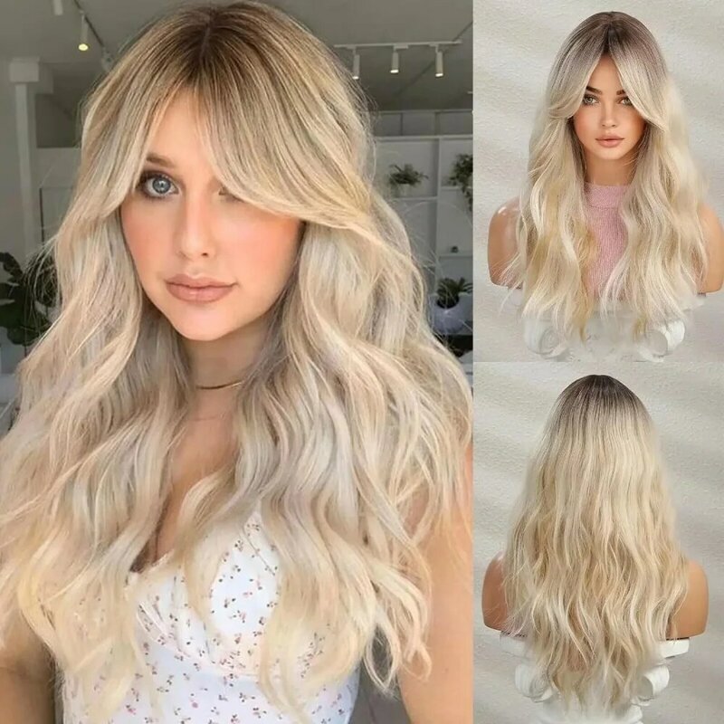 Long Blonde Wigs for Women Synthetic Hair Wig with Fringe Fashion Headband Wigs with Bangs for Daily Use and Party