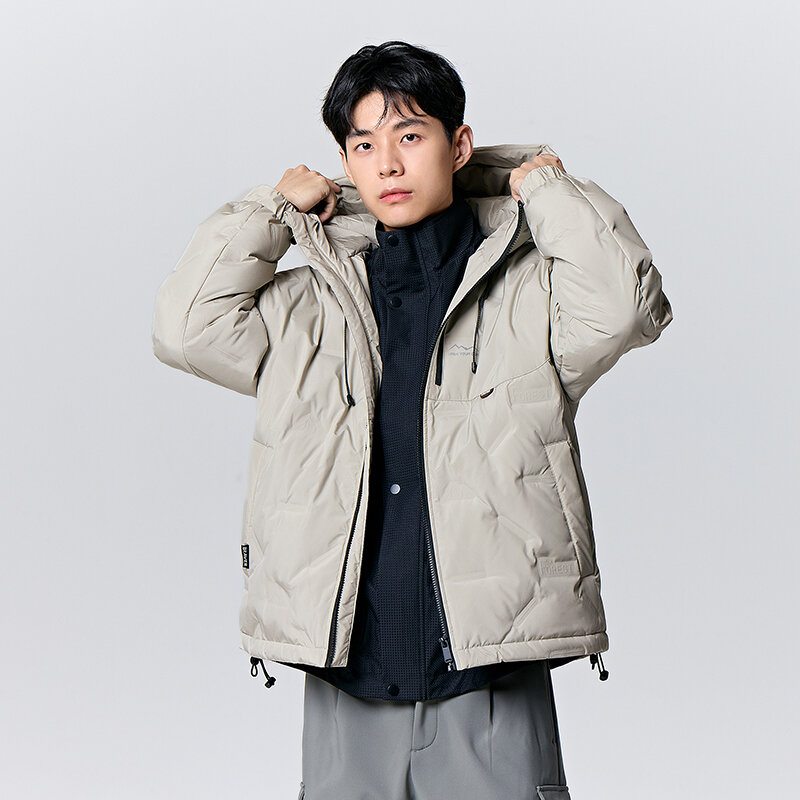 Semir jaket bertudung untuk pria, jaket longgar sederhana tekstur bulu angsa di luar ruangan musim dingin 2023