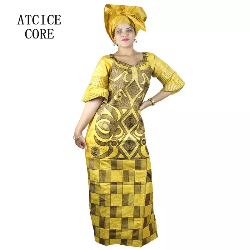 Vestidos africanos para mulheres, bazin riche, bordado do computador, vestido longo do tamanho grande com lenço