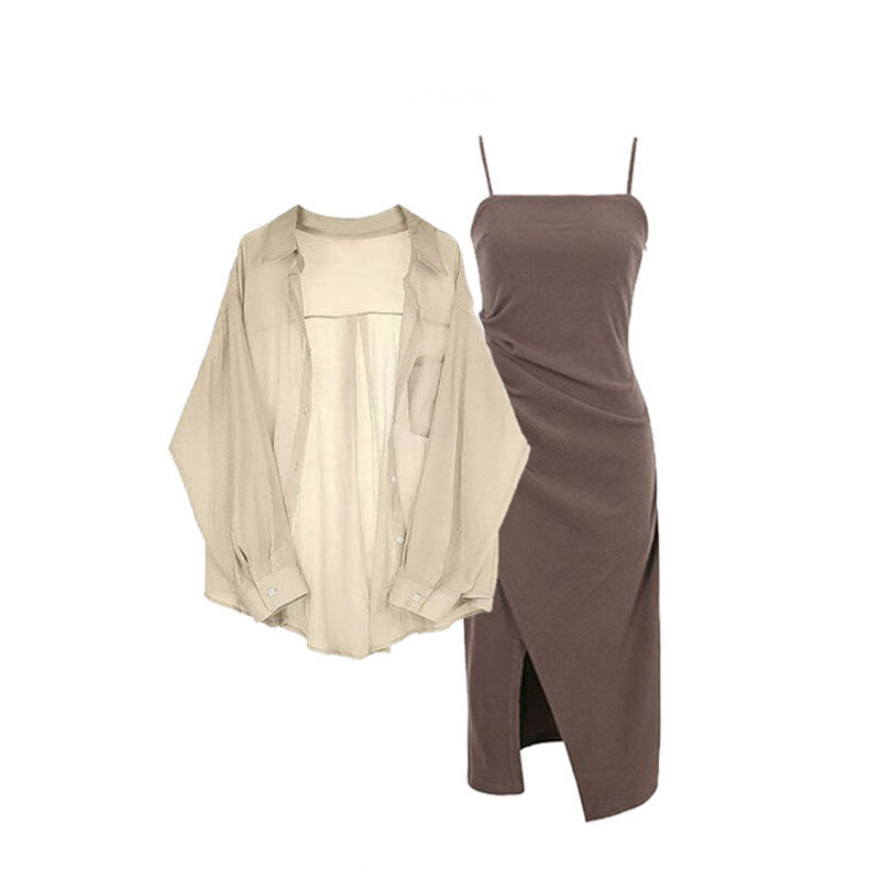 Conjunto de verano de dos piezas para mujer, traje de gran tamaño a la moda con camisa de gasa con protector solar, Vestido con tirantes, novedad de 2024
