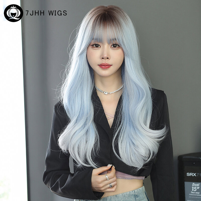 7JHH-peluca Lolita ondulada de cuerpo sintético para mujer, cabellera azul hielo con raíces oscuras, rizada de alta densidad, Ombre, amigable con los principiantes