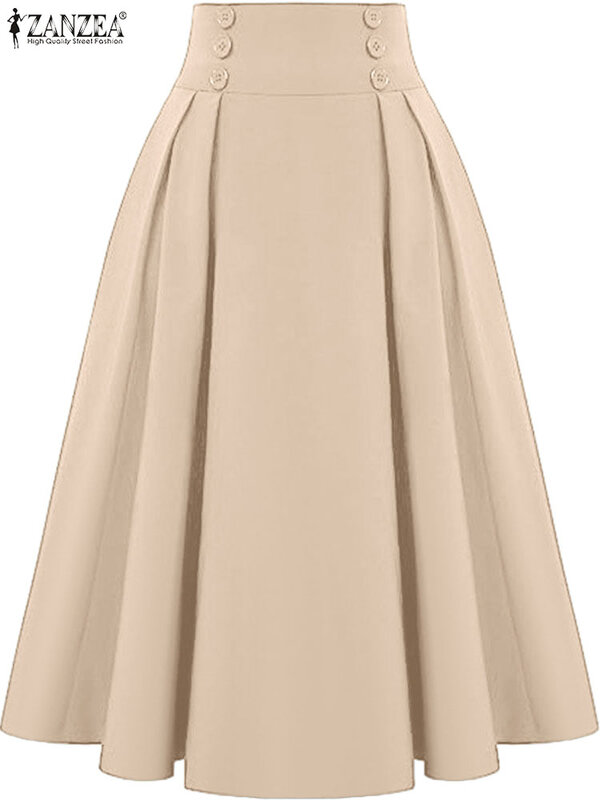 Летняя плиссированная юбка ZANZEA 2024 на пуговицах с завышенной талией, женская модная юбка макси, однотонная трапециевидная юбка