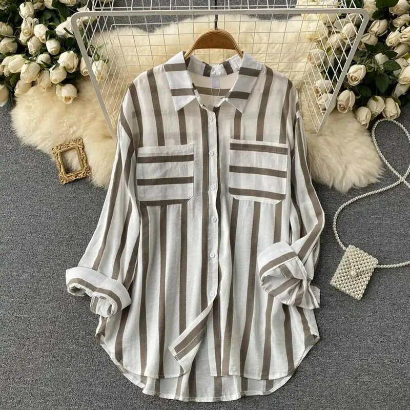 Camisa a rayas de ajuste suelto para mujer, camisa informal elegante con solapa de manga larga, patrón de rayas verticales, ropa de calle suelta