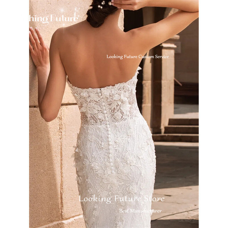 Luxury Long Mermaid Tulle Wedding Dress Sexy Sweetheat Appliques Lace Pleat Sleeveless Vintage Backless Button Bridal Growns2024